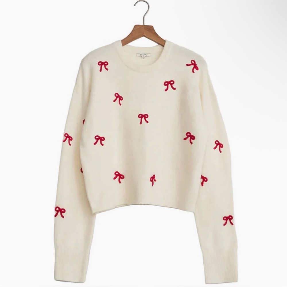 Cozy White Sweater with Red Bow Embroidery